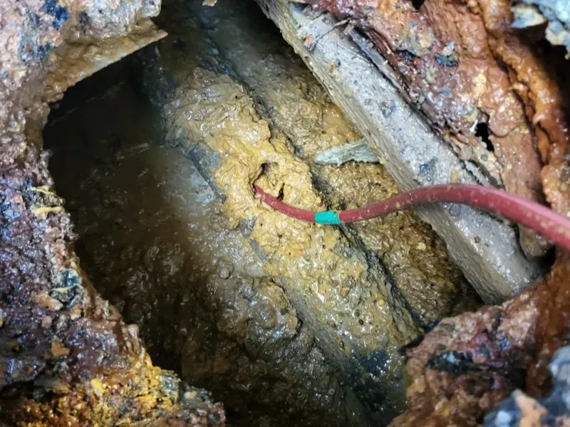 전주 찌꺼기가 둘러붙은 관 속으로 스프링이 들어간 모습